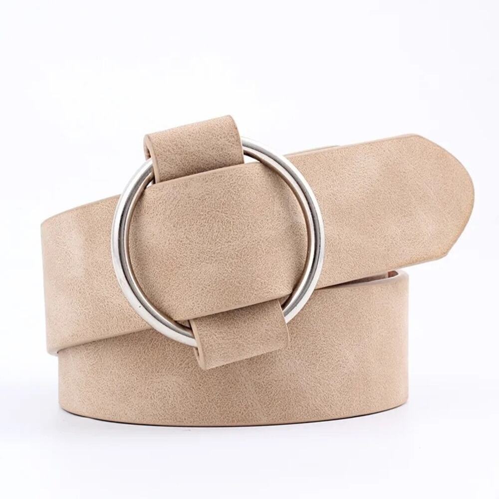 NEW Soft Faux Vegan Suede Leather Belt Round Silver Buckle Beige Natural  D0700